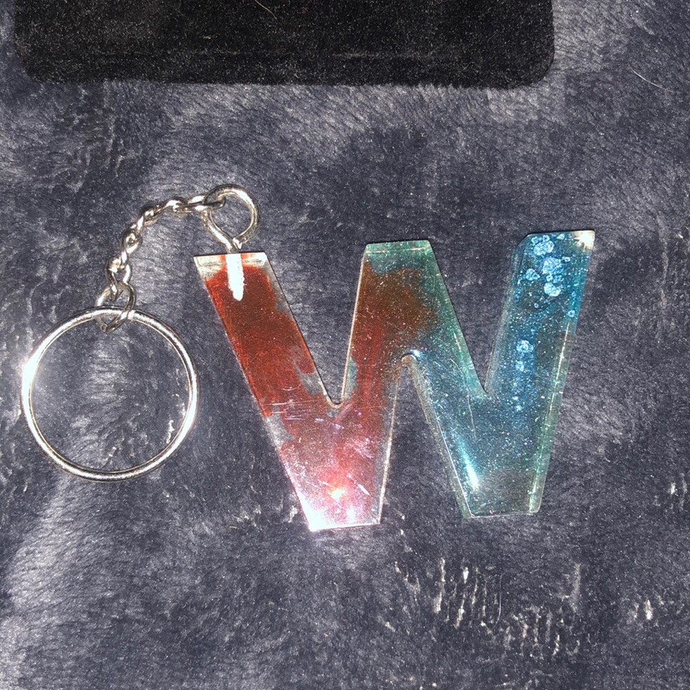 W Clear with red and blue resin keychain